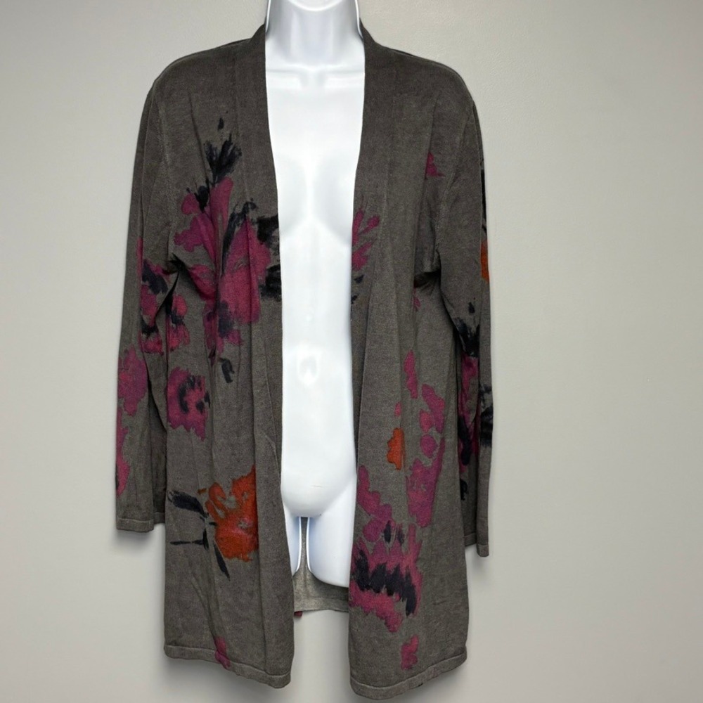 J. Jill Grey Open Front Purple Floral Artsy Academia Silk Cashmere Cardigan Sz M